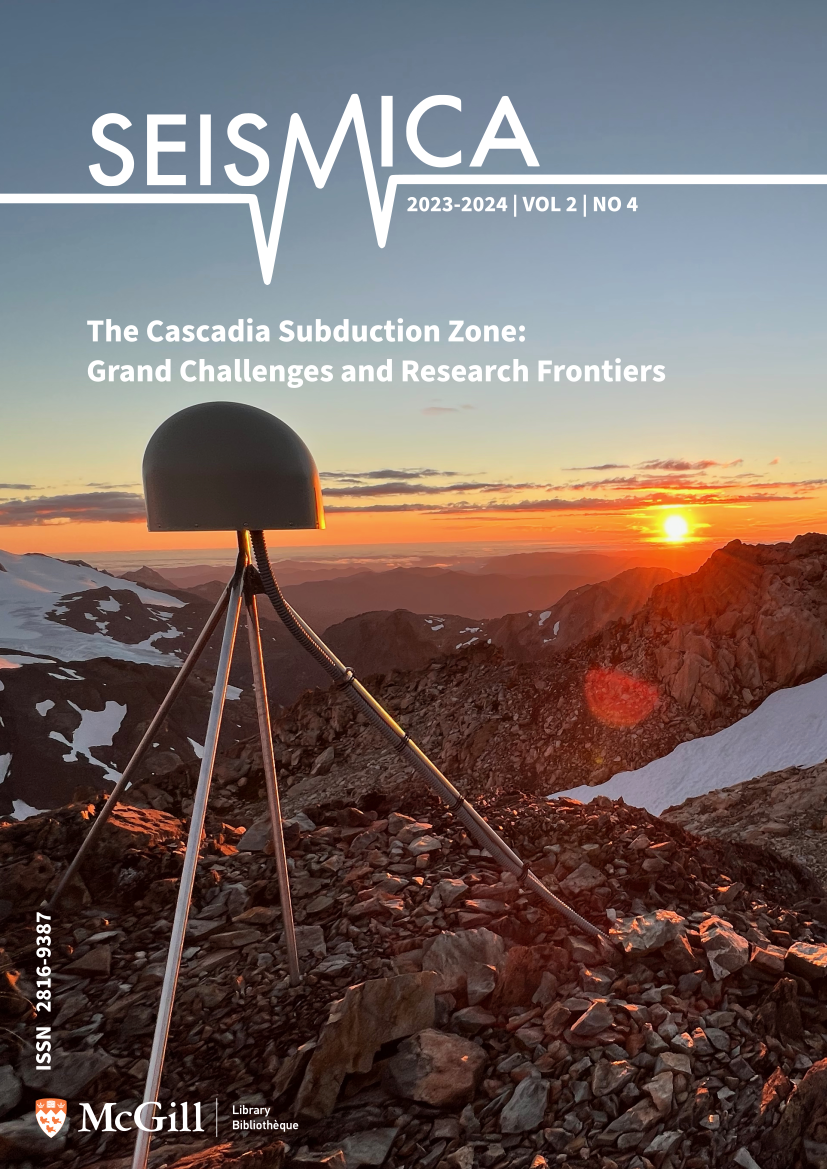 Seismica cover image for Volume 2, Number 4:  The Cascadia Subduction Zone: Grand Challenges and Research Frontiers.  Image shows a hemispherical white dome on a four-legged stand on a rocky mountain peak.  In the far distance, a series of sharp rocky and snowy peaks stretches toward the setting sun which is refracted through thin clouds.